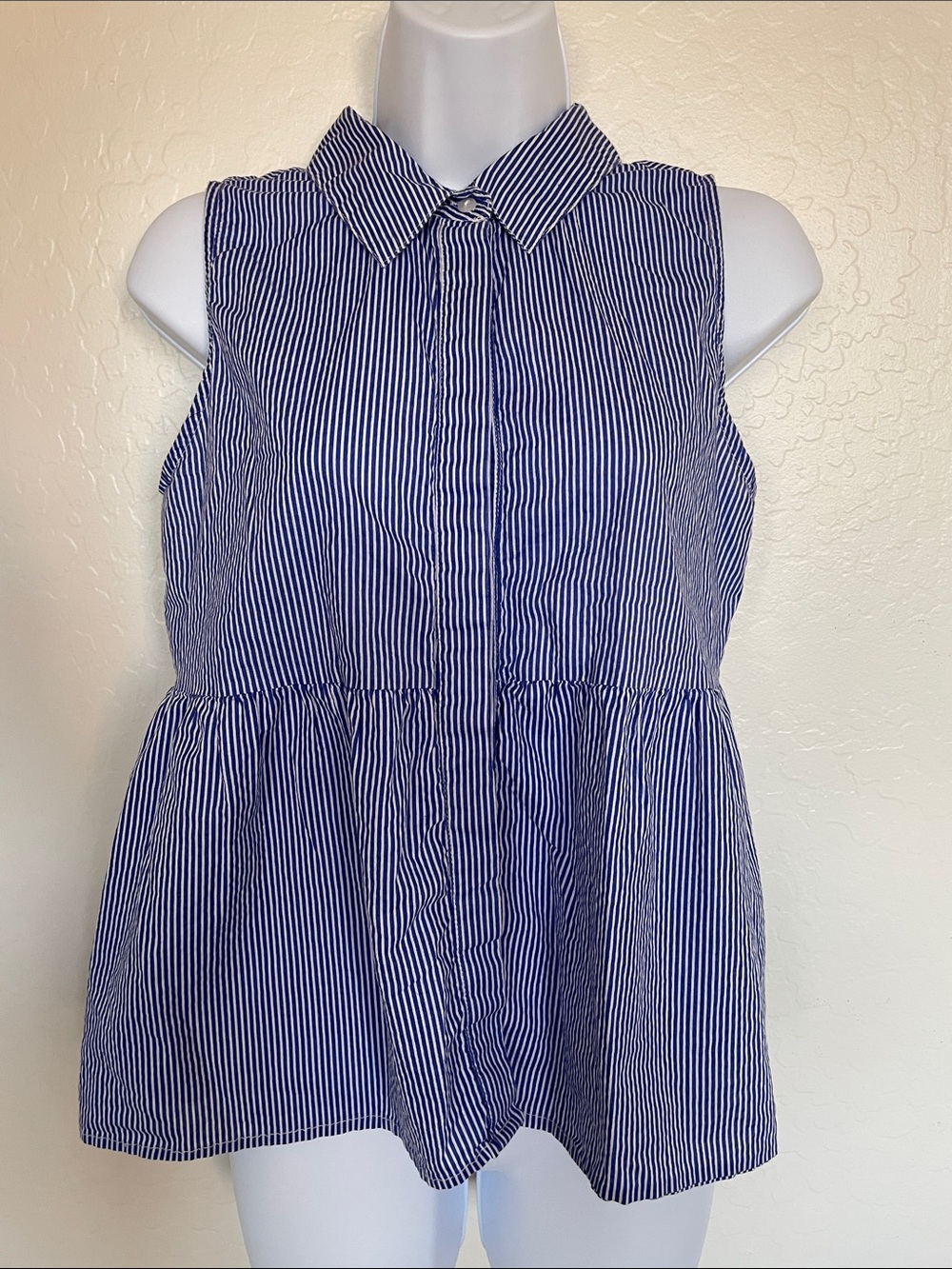 Rebellion Navy and White Striped Sleeveless Peplum Button-Front Top
